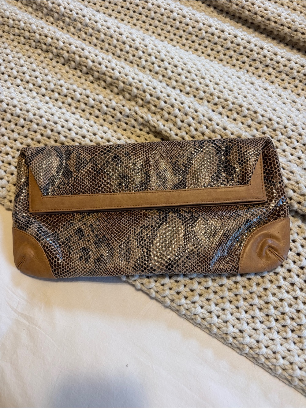 Shiraleah Brown Snake-Print Clutch with Tan Trim